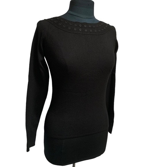Dana Buchman Tops - Dana Buchman Black Top Long Sleeve Grommet Detail Neckline Size Medium